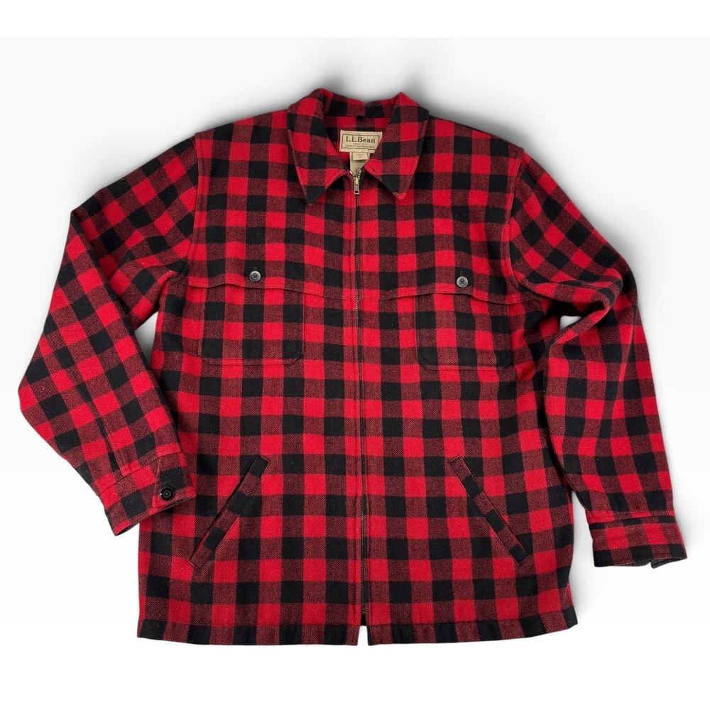 Vintage LL Bean Mackinaw Jacket Men L Tall Red Plaid Wool Blend Cabin Wear Hunt